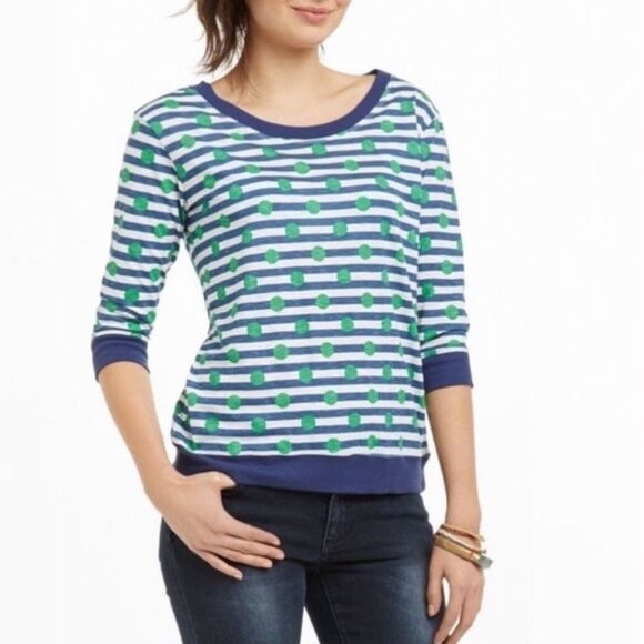Anthropologie Porridge Gabby 3/4 Sleeve Shirt Medium Blue Stripe Green Polka Dot - Picture 1 of 6